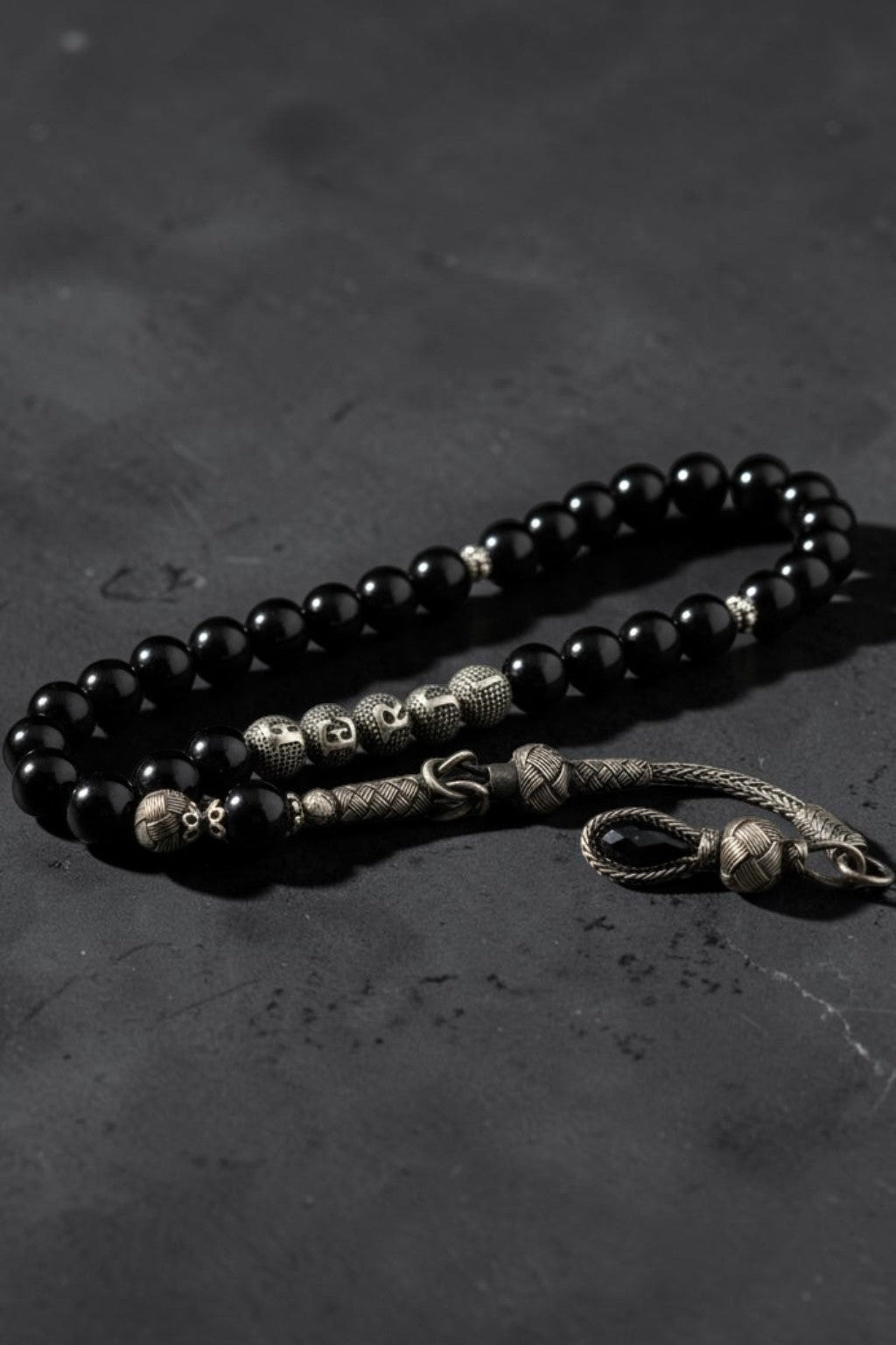 Personalized Black Fire Amber Tasbih | 925 Sterling Silver