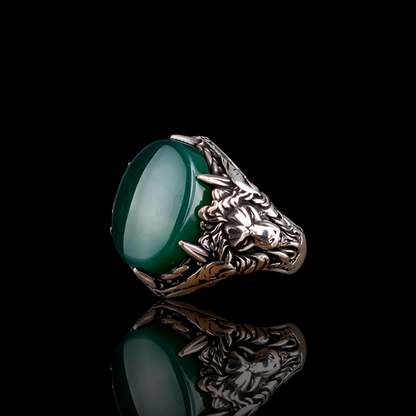 Yeşil Akik Taşlı 925 Ayar Gümüş Aslan Erkek Yüzük