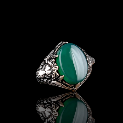 Yeşil Akik Taşlı 925 Ayar Gümüş Aslan Erkek Yüzük