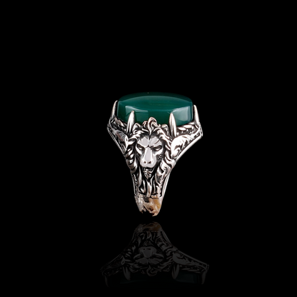 Yeşil Akik Taşlı 925 Ayar Gümüş Aslan Erkek Yüzük