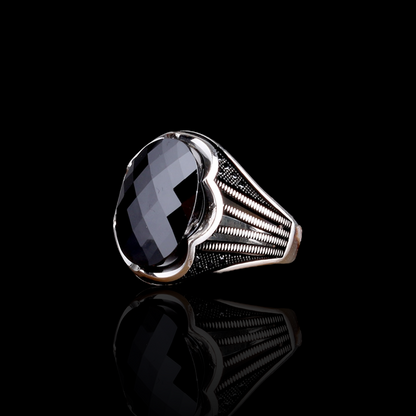 Black Zircon Stone Men's Silver Ring