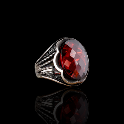 Red Zircon Stone Men's Silver Ring