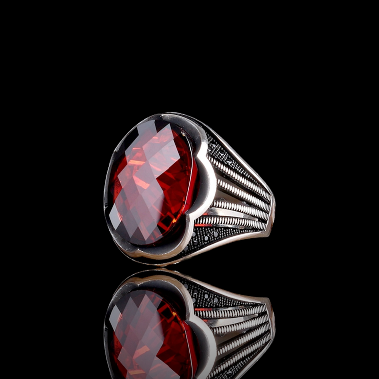 Red Zircon Stone Men's Silver Ring