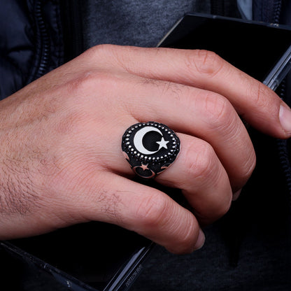 Moon Star Motif Silver Men's Ring