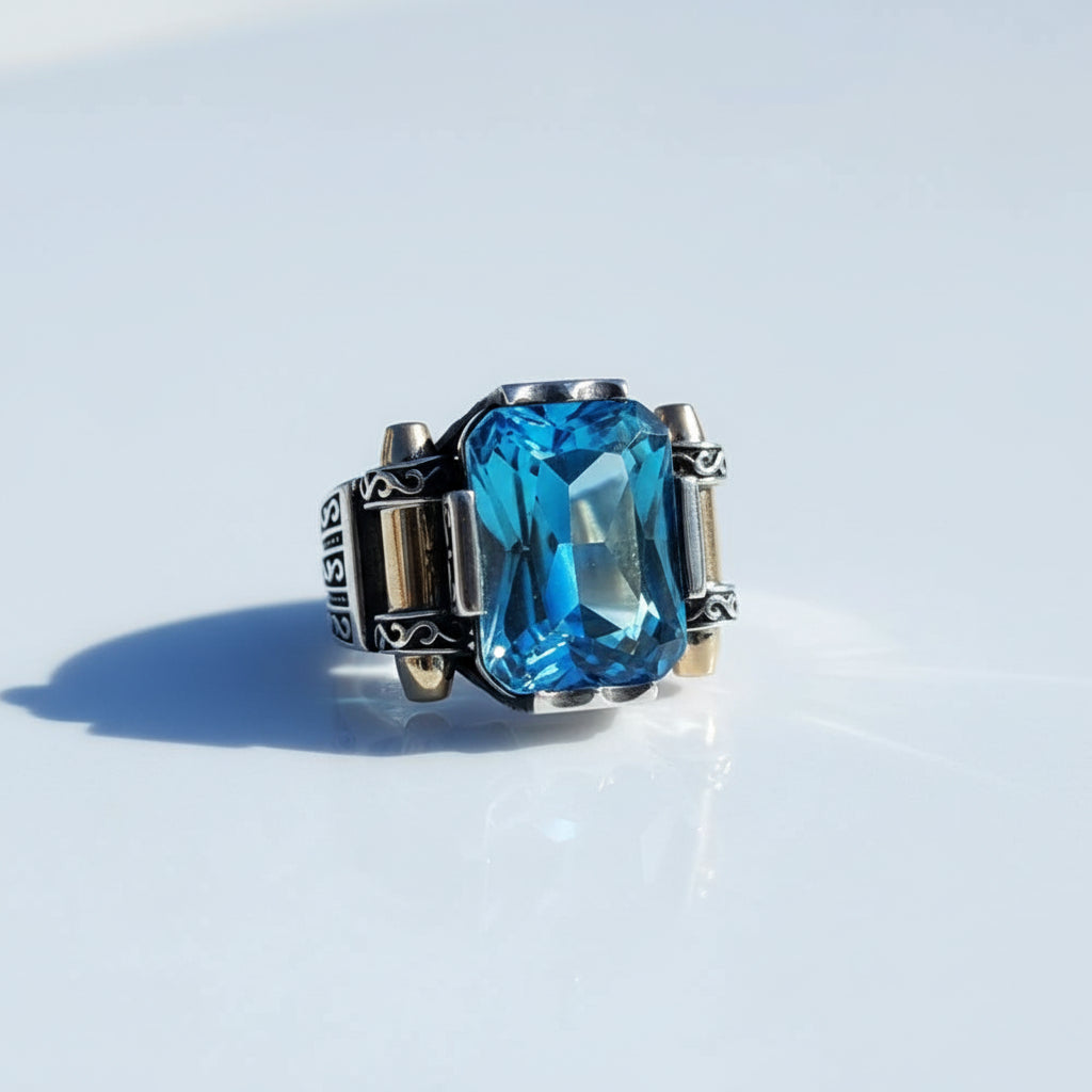 Blue Zircon Stone Men's Silver Ring