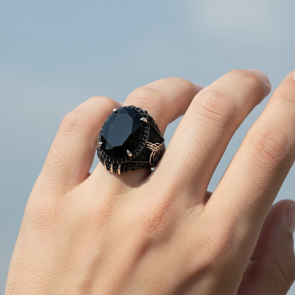 Herrenring mit osmanischem Tughra & schwarzem Stein aus 925er Silber