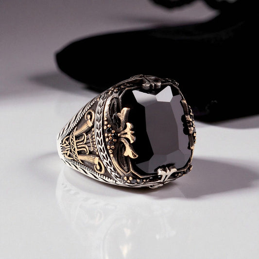 Siyah Zirkon Taşlı Erkek Gümüş Yüzük