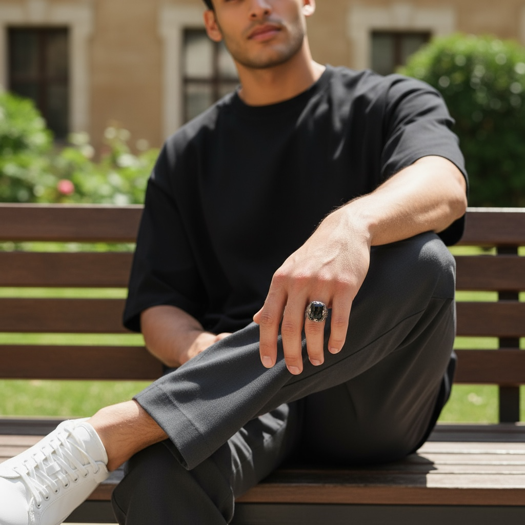 Siyah Zirkon Taşlı Erkek Gümüş Yüzük