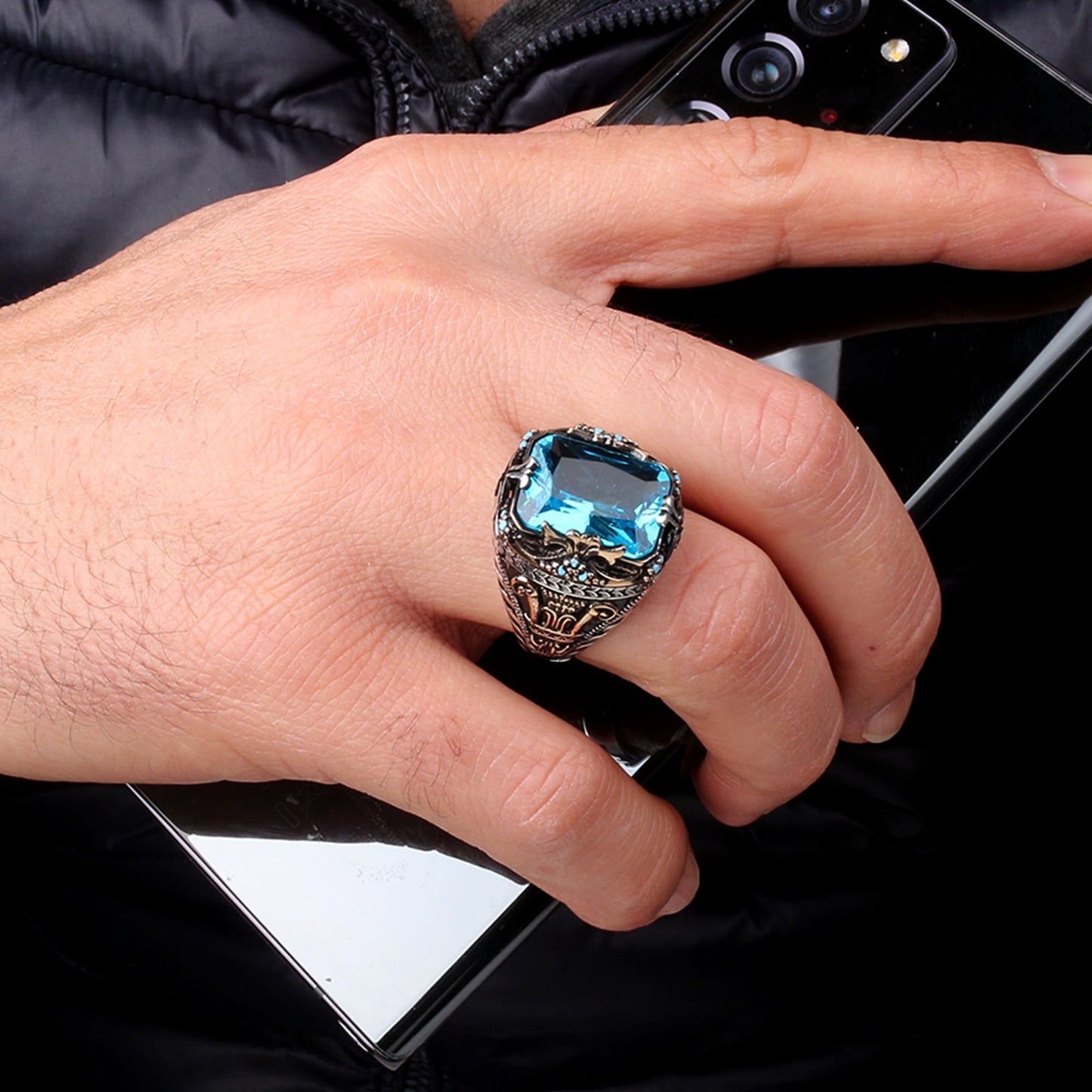Blue Topaz Stone Men's Sterling Silver Ring