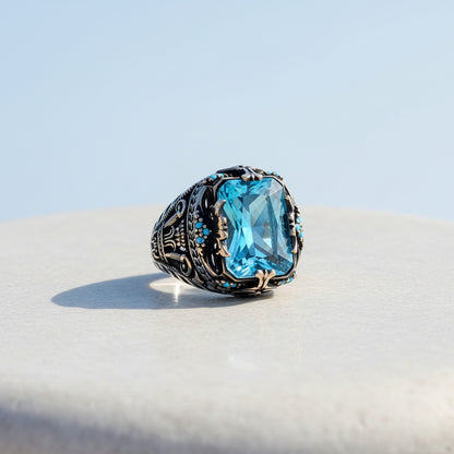 Anneau d'argent pour hommes en pierre de topaze bleu