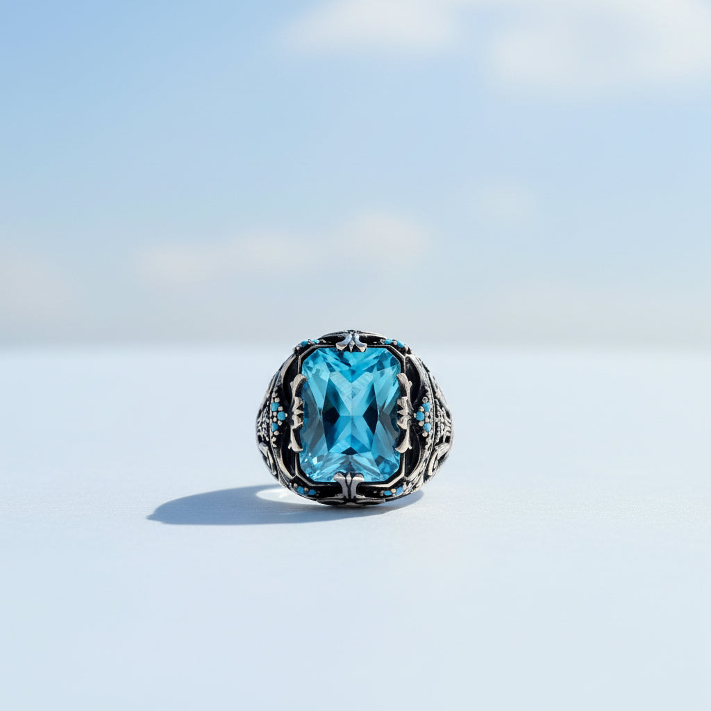 Anneau d'argent pour hommes en pierre de topaze bleu