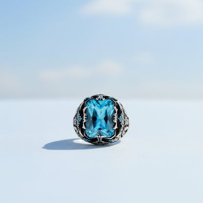 Anneau d'argent pour hommes en pierre de topaze bleu