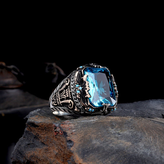 Blue Topaz Stone Men's Sterling Silver Ring