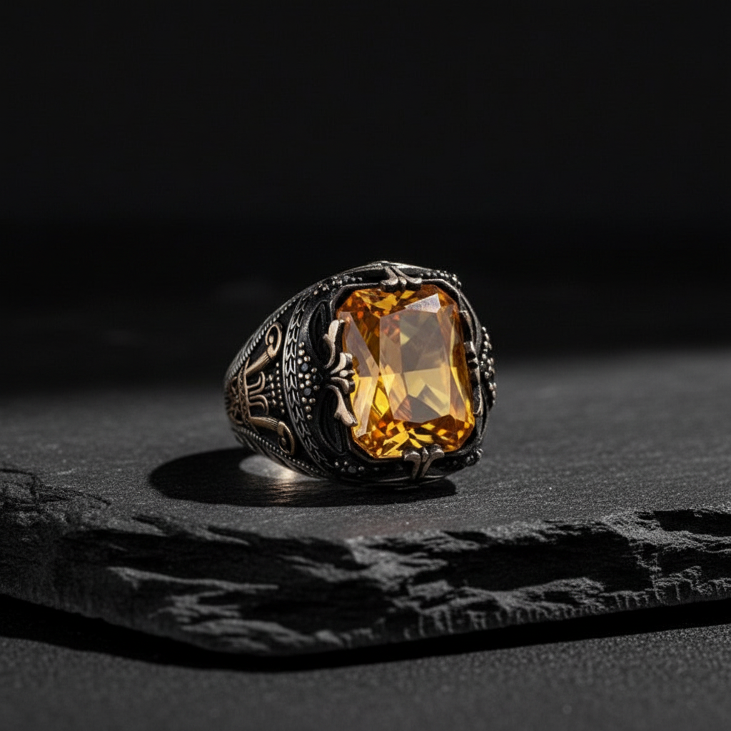 Zircon Stone Men's Silver Ring
