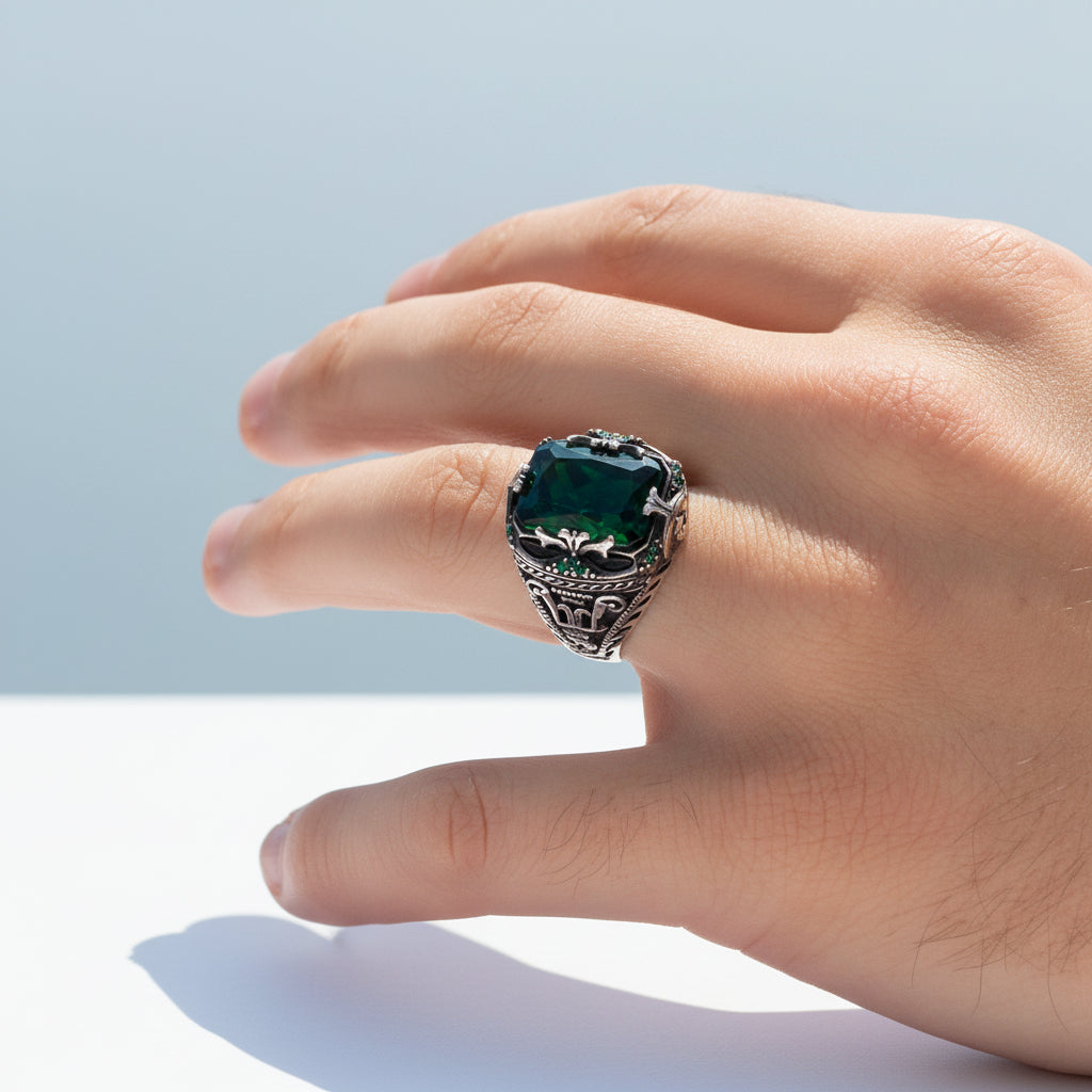 Green Zircon Stone Men's Silver Ring