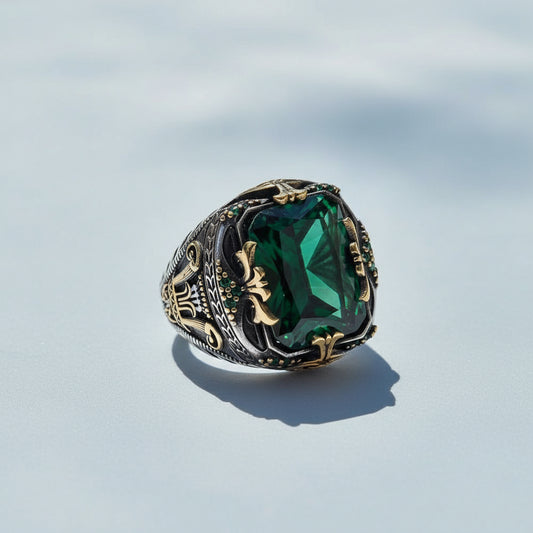 Green Zircon Stone Men's Silver Ring