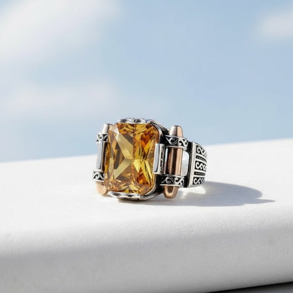 925 Ayar Gümüş Sarı Zirkon Taşlı Model Erkek Yüzük