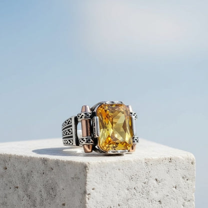 925 Ayar Gümüş Sarı Zirkon Taşlı Model Erkek Yüzük