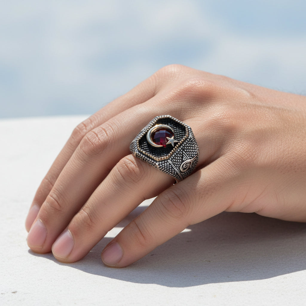 925 STERLING Silver Tuğra Moon Yıldız Anneau d'hommes