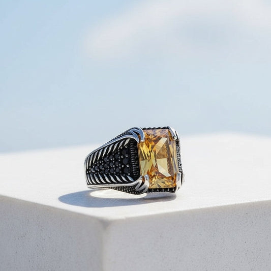 Yellow Zircon Stone Men's Silver Ring