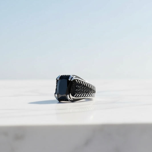 Black Zircon Stone Men's Silver Ring