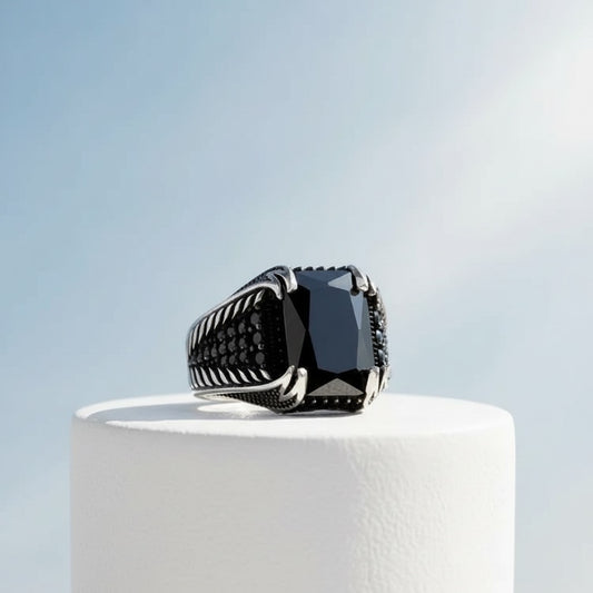 Black Zircon Stone Men's Silver Ring
