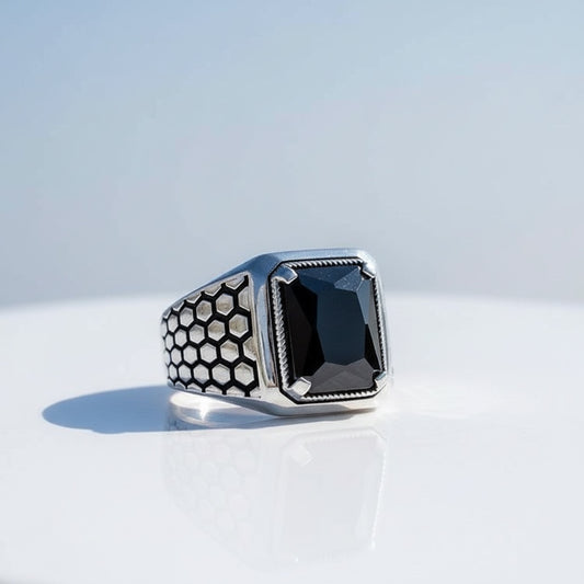 Black Zircon Stone Men's Silver Ring