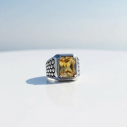 Yellow Zircon Stone Men's Silver Ring