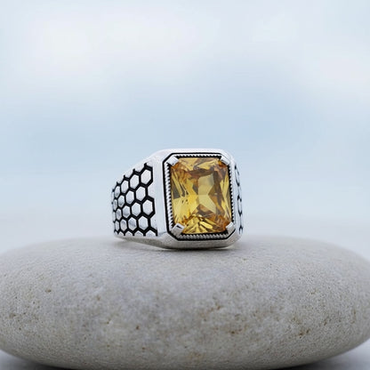 Yellow Zircon Stone Men's Silver Ring