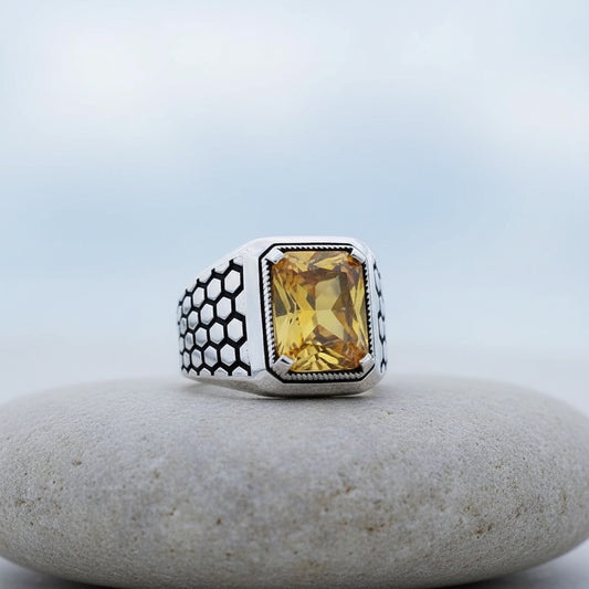Anneau d'argent pour hommes en pierre de zircon jaune