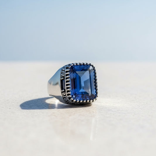 Anneau d'argent pour hommes en pierre de zircon bleu