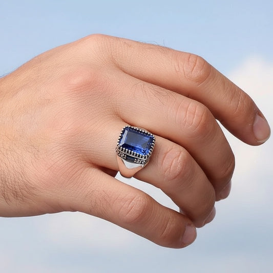Anneau d'argent pour hommes en pierre de zircon bleu