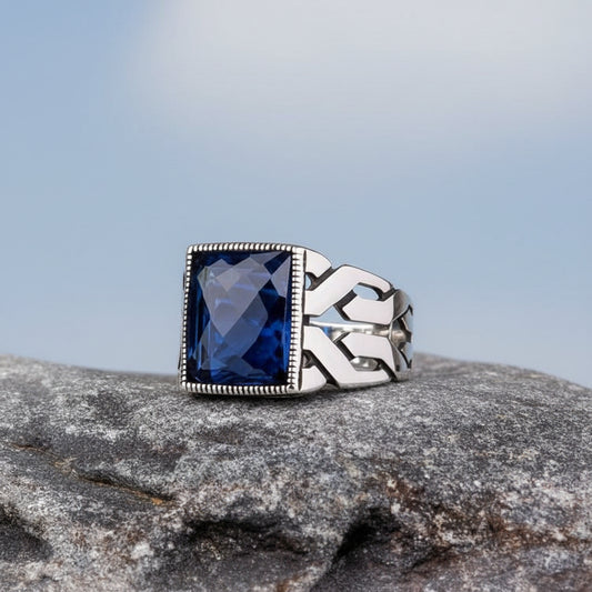 Anneau d'argent pour hommes en pierre de zircon bleu