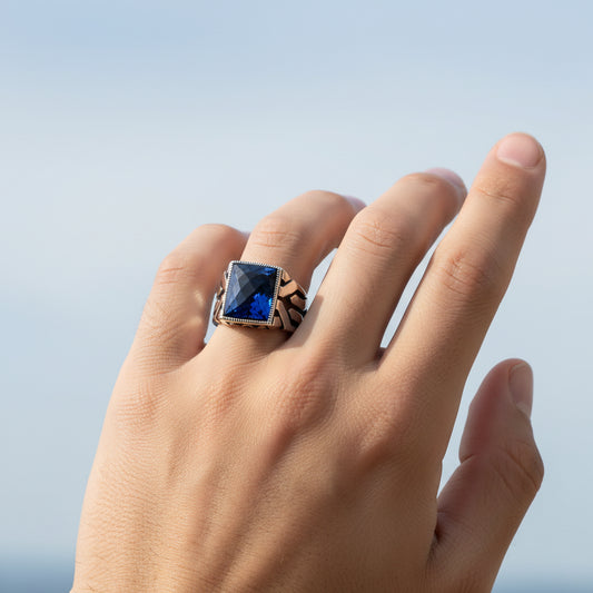 Anneau d'argent pour hommes en pierre de zircon bleu