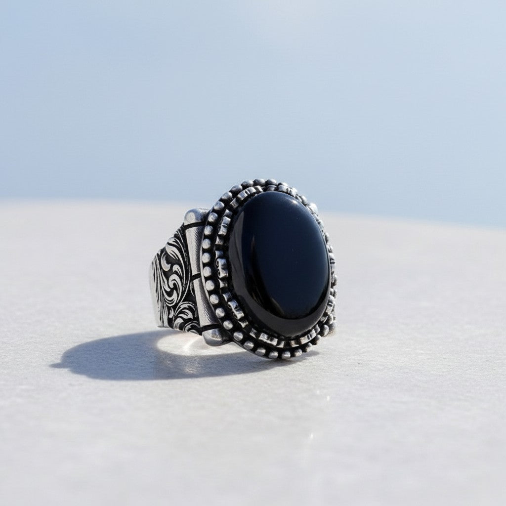 Ovale Onix Stone 925 Bague d'hommes en argent sterling