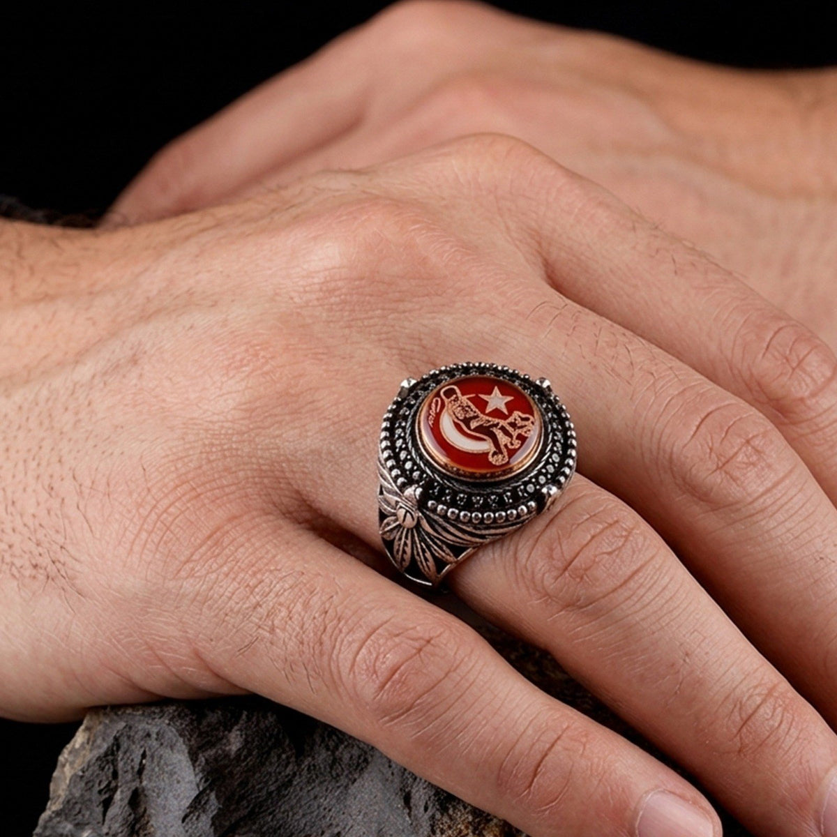 Atatürk Halbmond & Stern Herrenring | 925 Sterling Silber