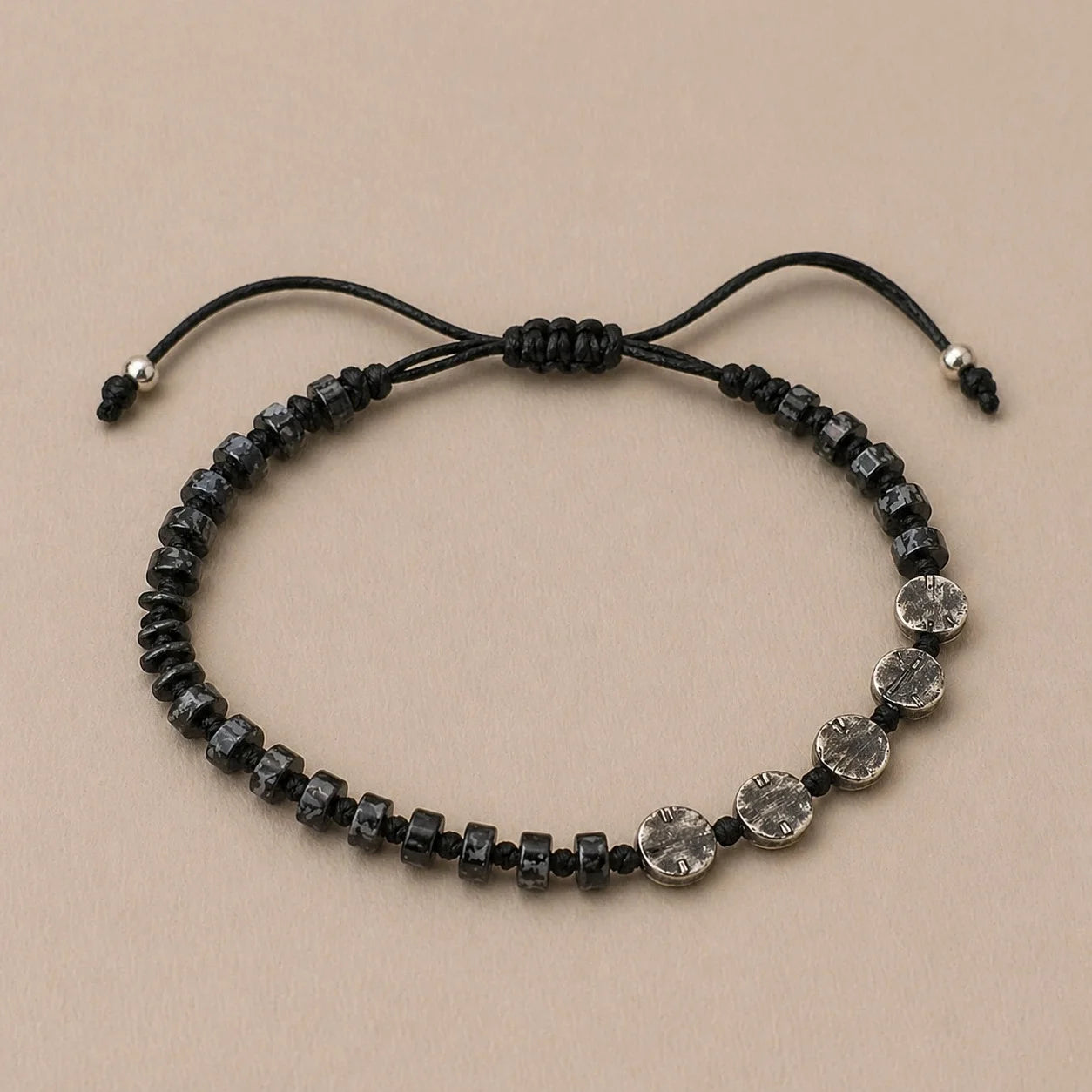 Snowflake Obsidian Macrame Men's Bracelet | 925 Sterling Silver