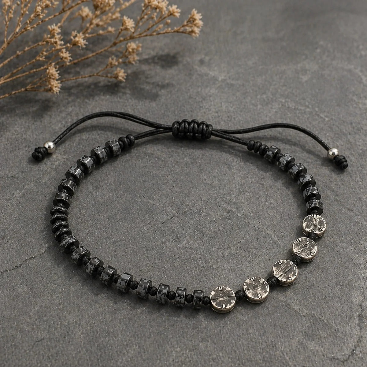 Snowflake Obsidian Macrame Men's Bracelet | 925 Sterling Silver