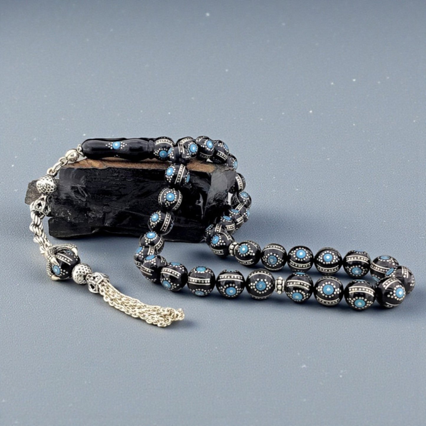 El İşçiliği Mavi Mineli Erzurum Oltu Yoğun Gümüş Işlemeli Tesbih