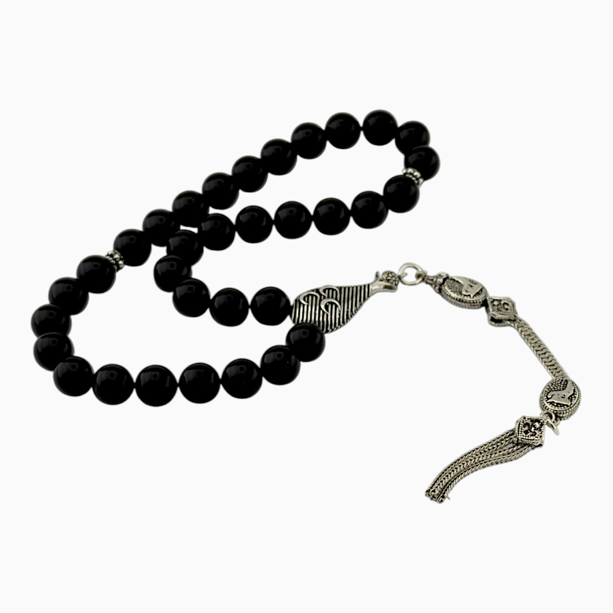Onyx Tesbih mit 3 Halbmonden & Wolf | 925 Silber