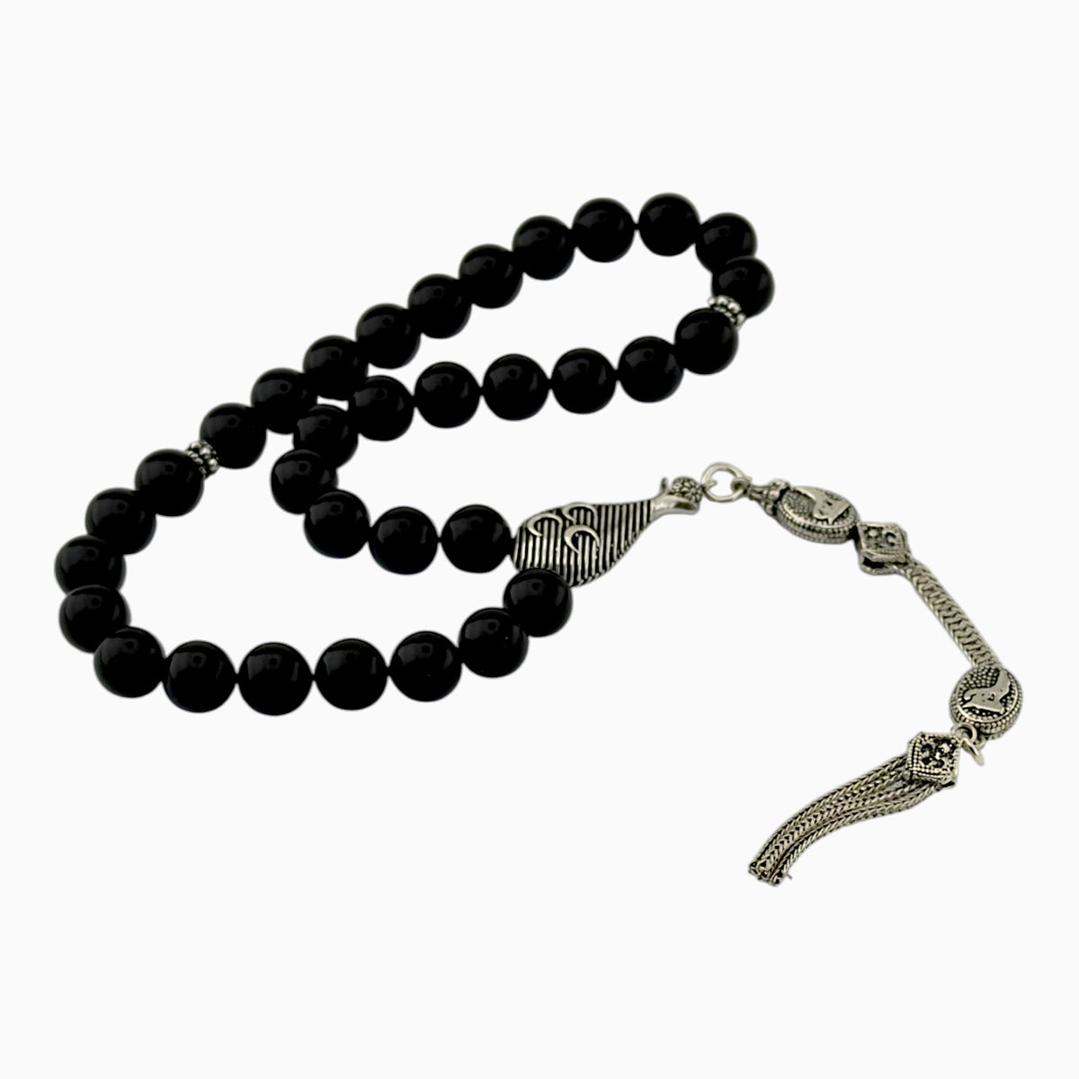 Onyx Tesbih mit 3 Halbmonden & Wolf | 925 Silber