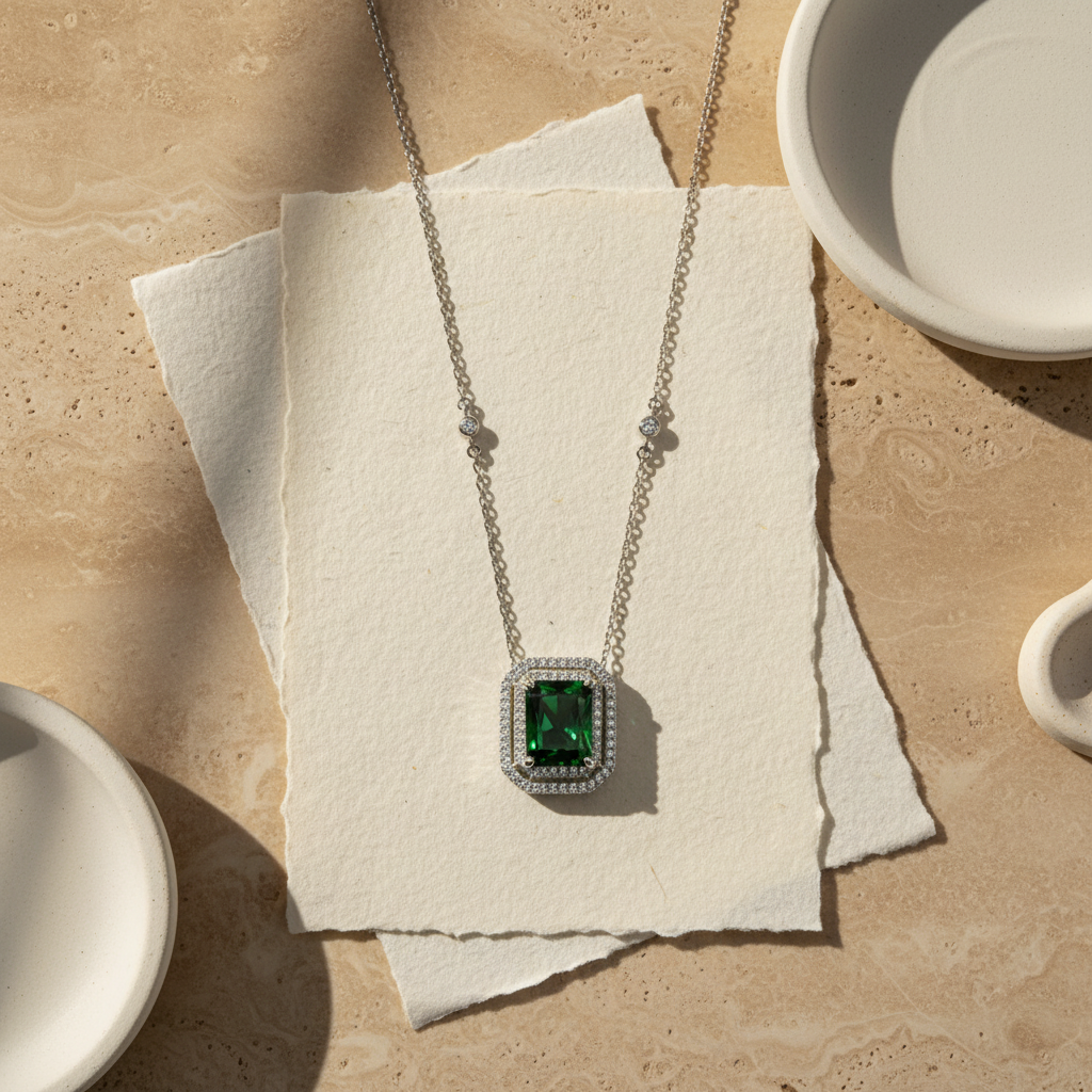 Diamond Style Emerald Color Silver Necklace
