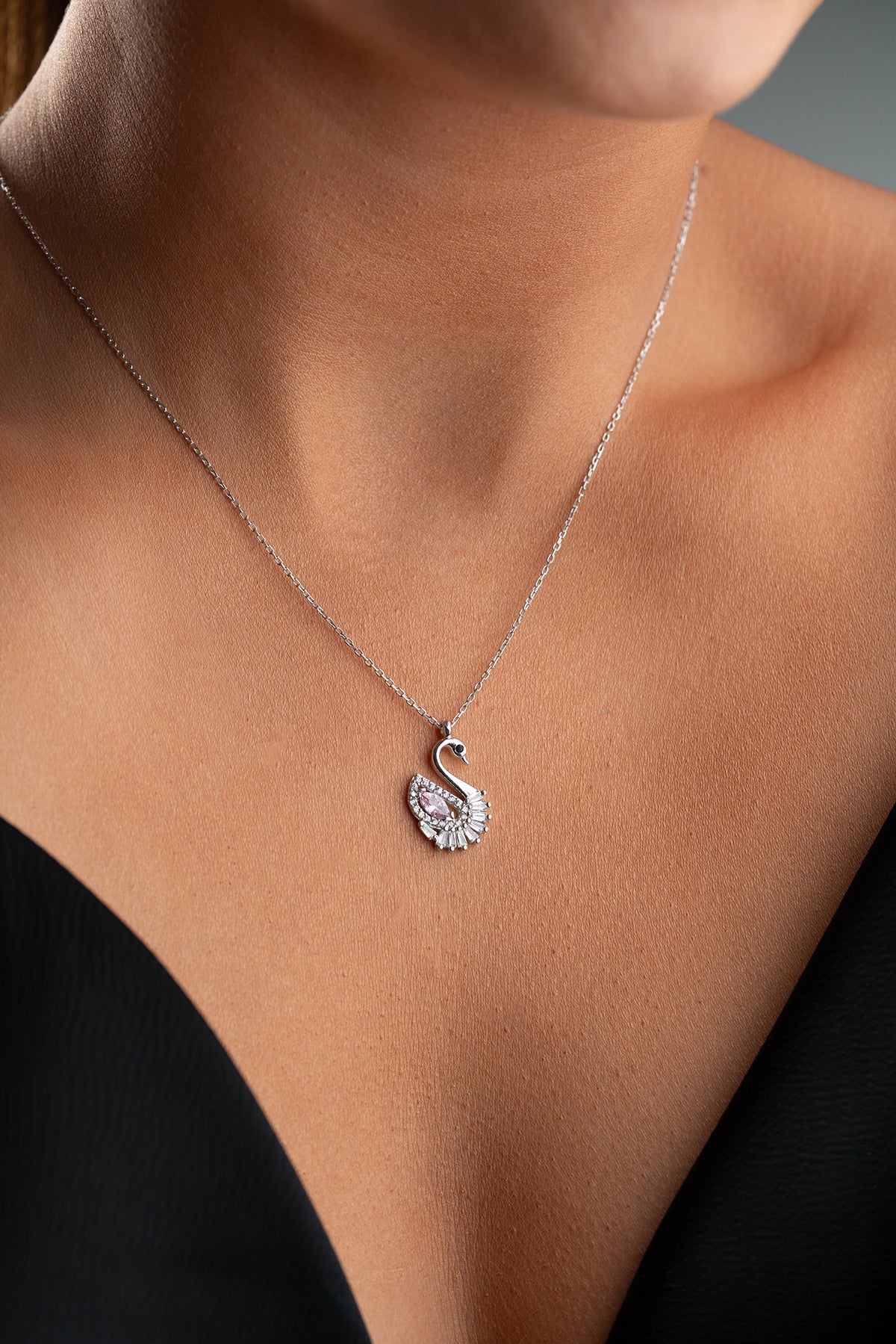 Kuğu Kolye Pembe Zirkon Taşlı | 925 Ayar Gümüş