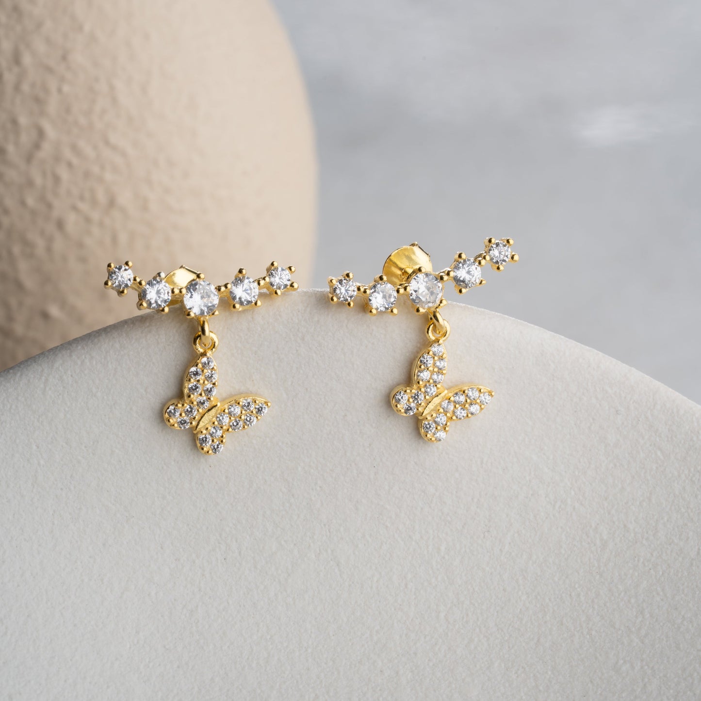 Boucles d'Oreilles Papillon avec Zircons | Argent 925 Plaqué Or