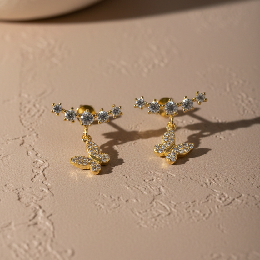 Boucles d'Oreilles Papillon avec Zircons | Argent 925 Plaqué Or