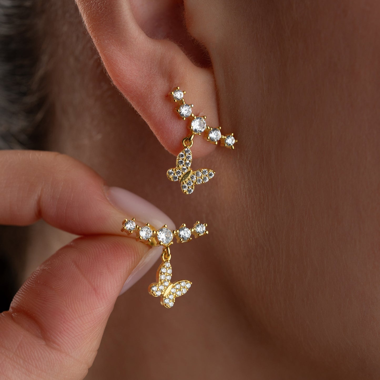 Boucles d'Oreilles Papillon avec Zircons | Argent 925 Plaqué Or