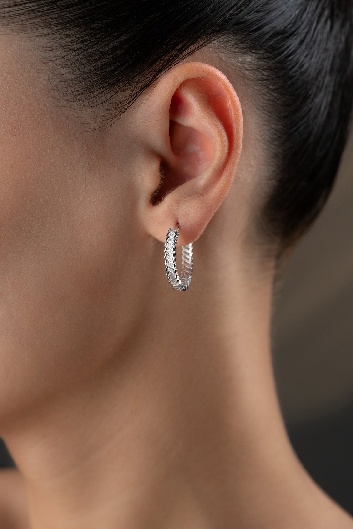 925 Sterling Silver Baguette Stone Hoop Earring