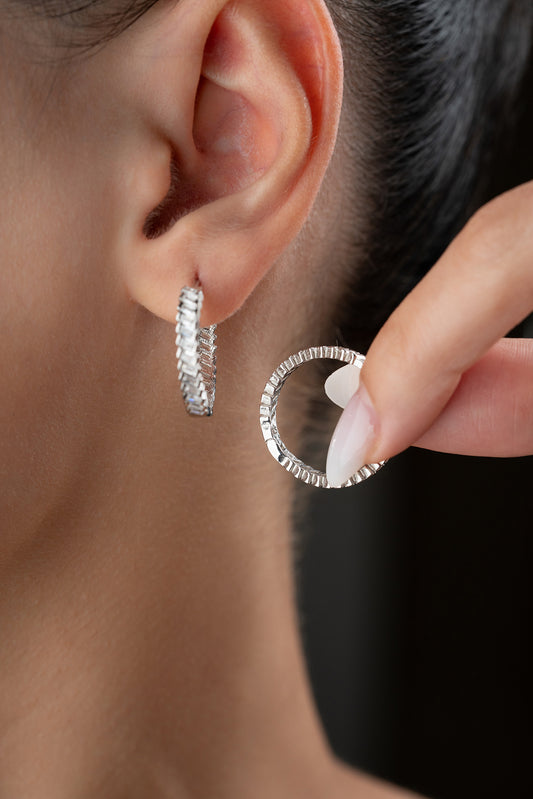 Boucle d'oreille créole en argent sterling 925 avec pierre baguette