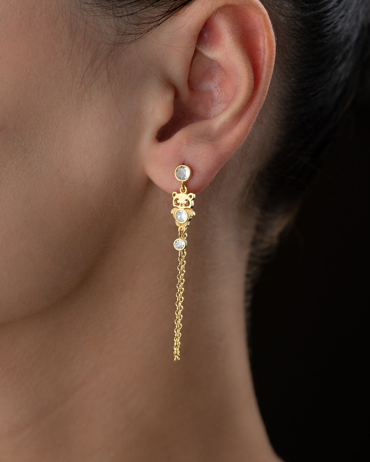 Panda Earrings with Dangle Chain - 925 Sterling Silver
