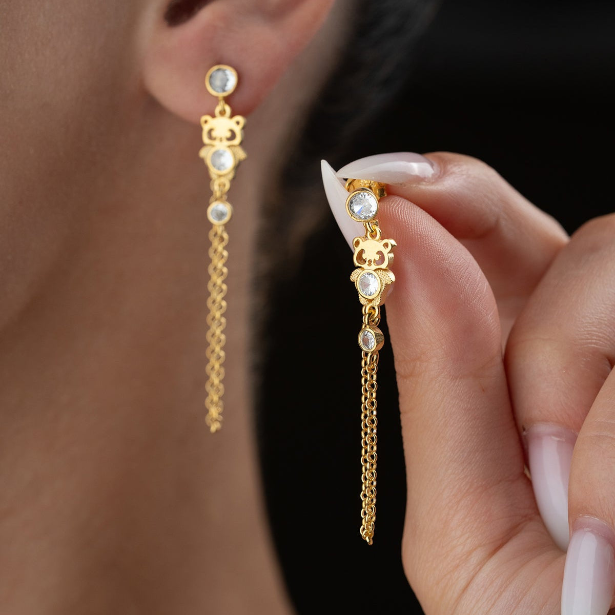 Sallantılı Zincirli Panda Küpe - 925 Ayar Gümüş